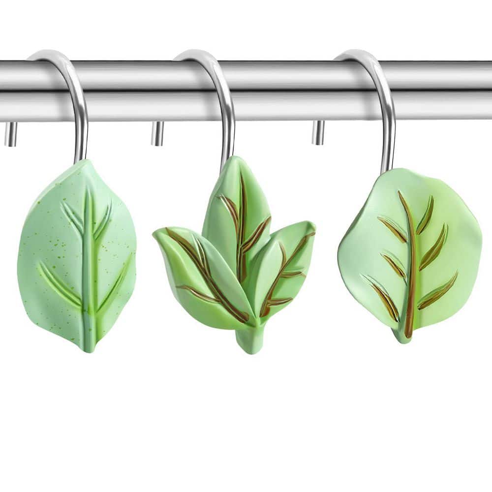 KHKFY Leaf Design Shower Curtain Hooks Set of 12 Rustproof Stainless Steel Rings 4.72 in. Bathroom Curtain Rod (2)