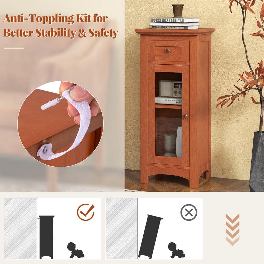 HONGGE Freestanding Bathroom Cabinet with Single Tempered Glass Door Pull-Out Drawer and 3-Position Shelf (2)
