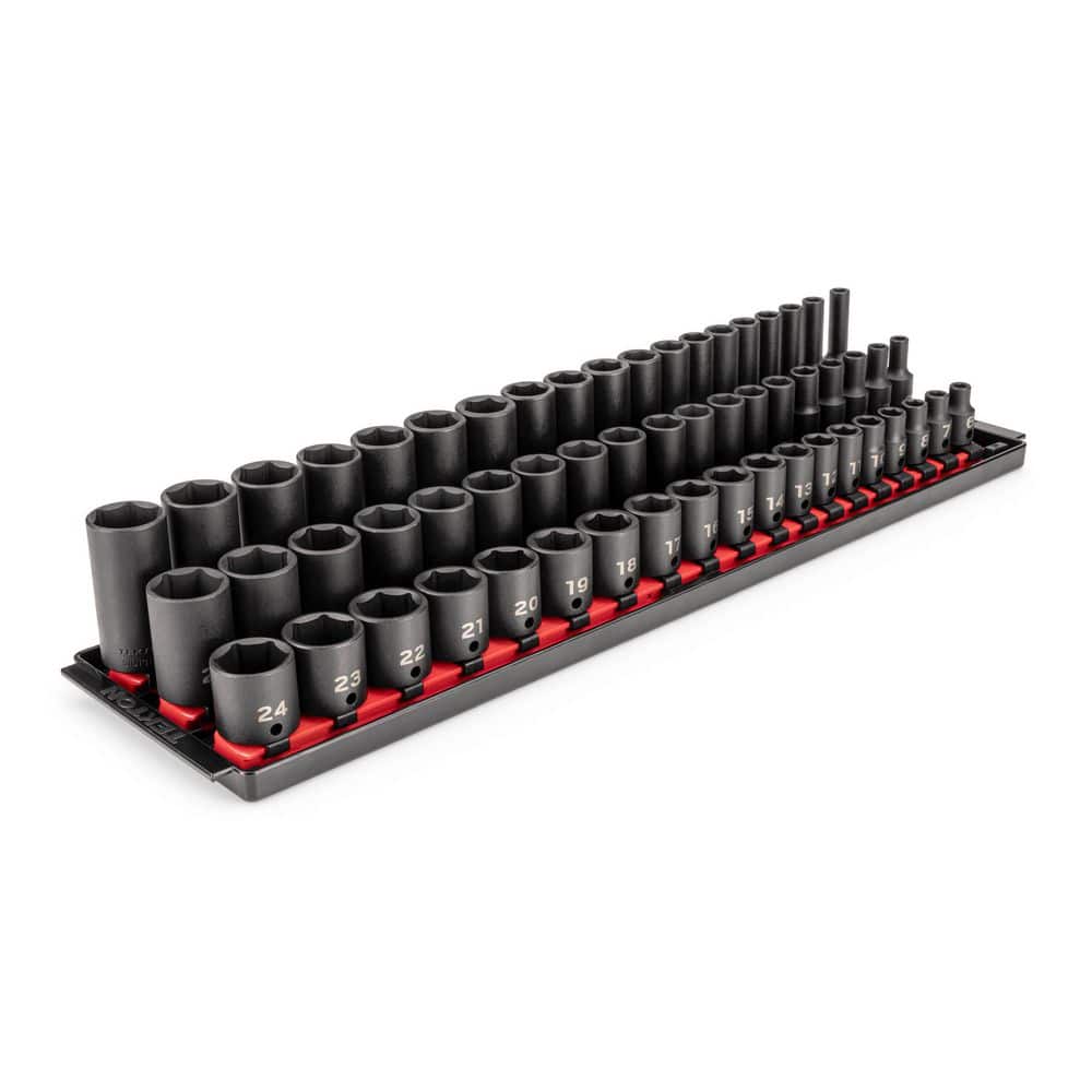 TEKTON 3/8 Inch Drive Shallow, Semi-Deep, and Deep 6-Point Impact Socket Set with Rails and Trays, 57-Piece (6-24 mm) (1)