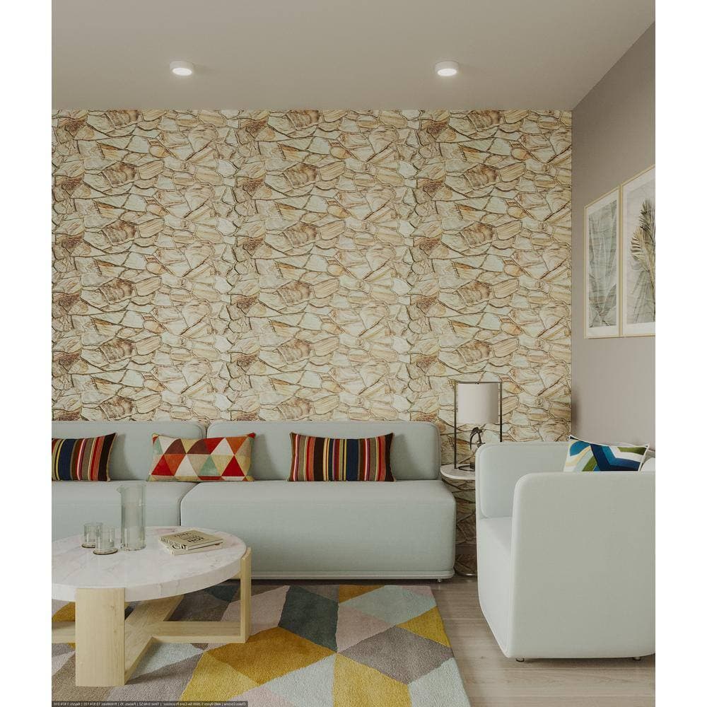 Dundee Deco 3D Falkirk Retro V 39 in. x 19 in. Ivory Brown Faux Stone PVC Decorative Wall Paneling (2)