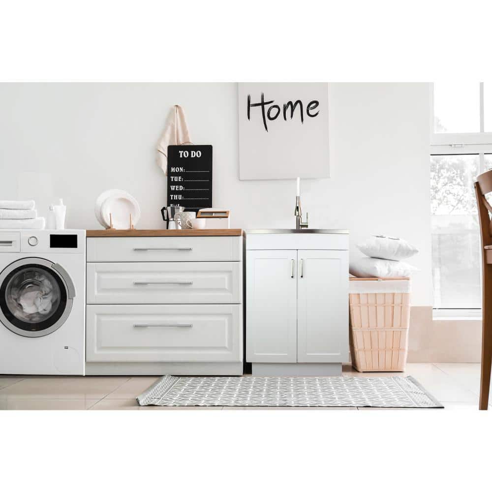 Transolid All-in-One 23.6 in. x 19.7 in. x 34.6 in. Stainless Steel Laundry/Utility Sink and Wood Cabinet with Faucet in White (2)
