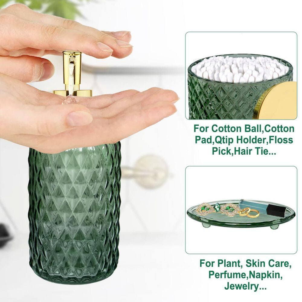 Numhew 4-Piece Bathroom Accessory Set with Lotion Soap Dispenser, Toothbrush Holder, Qtip Holder and Soap Dish in Green (2)