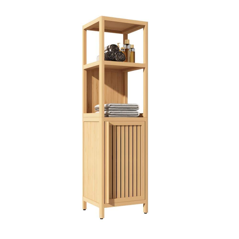 IDEAGLE 14 in. W x 13 in. D x 52 in. H Brown Bamboo Linen Cabinet with 2 Shelves and 1 Door Cabinets Bathroom Storage Cabinet (1)