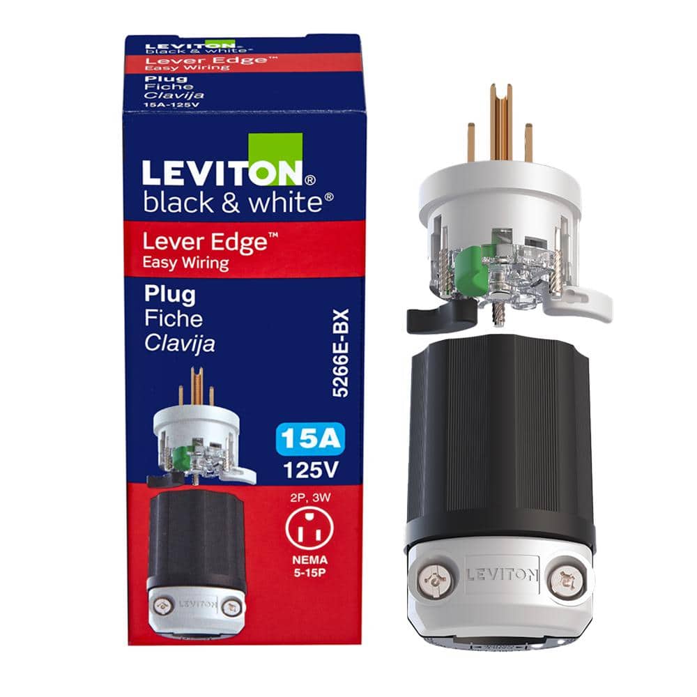 Leviton Black and White Lever Edge Easy Install 15 Amp 125-Volt Straight Blade Plug, NEMA 5-15P,2P,3W, Industrial Grade 5266E-BX (1)