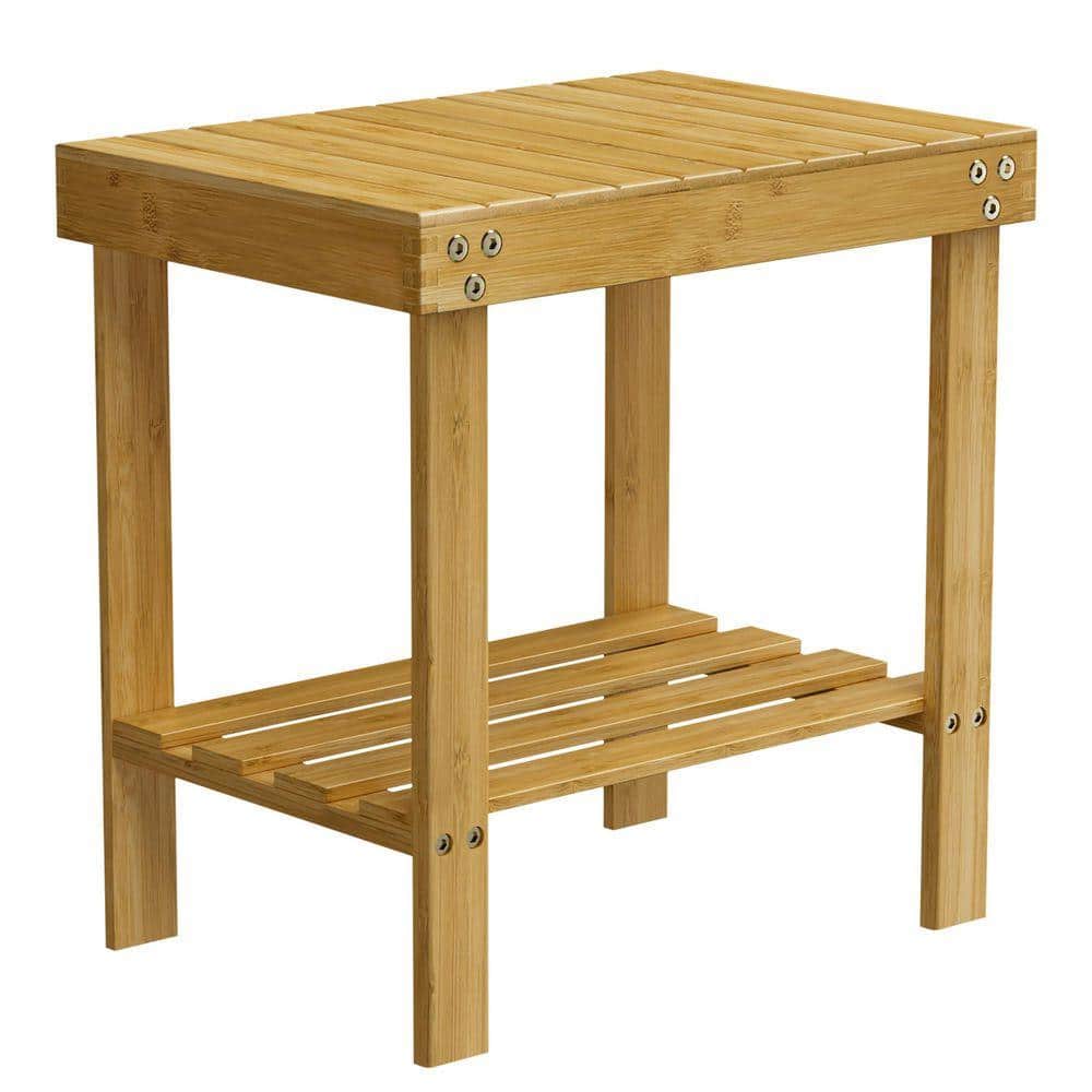 Lynzavix 15.75 in. W Freestanding Bamboo Shower Bench with Non-Slip Feet and Storage Shelf, Safe and Stable Wooden Stool in Brown (1)