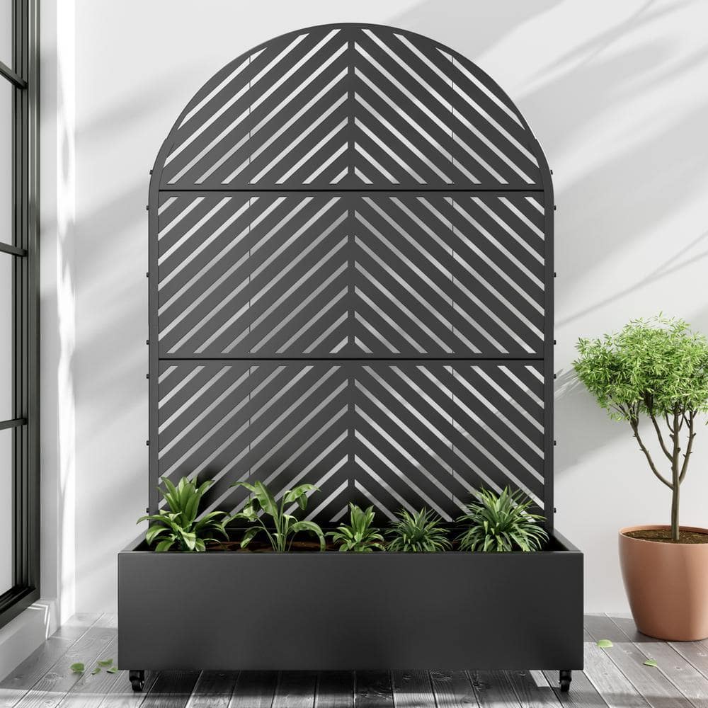 Lirago 72 in. x 47 in. Arched-Top Black Outdoor Metal Privacy Screen Raised Planter Box Wall Decor (1)