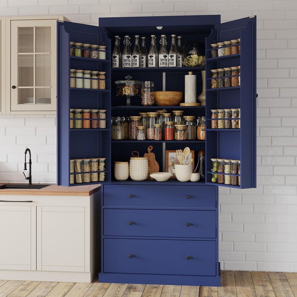 COWLOWN 35 in. W x 17.7 in. D x 77 in. H Blue Linen Cabinet Kitchen Pantry with 3-Adjustable Shelves, 8-Door Shelves, 3-Drawers (1)
