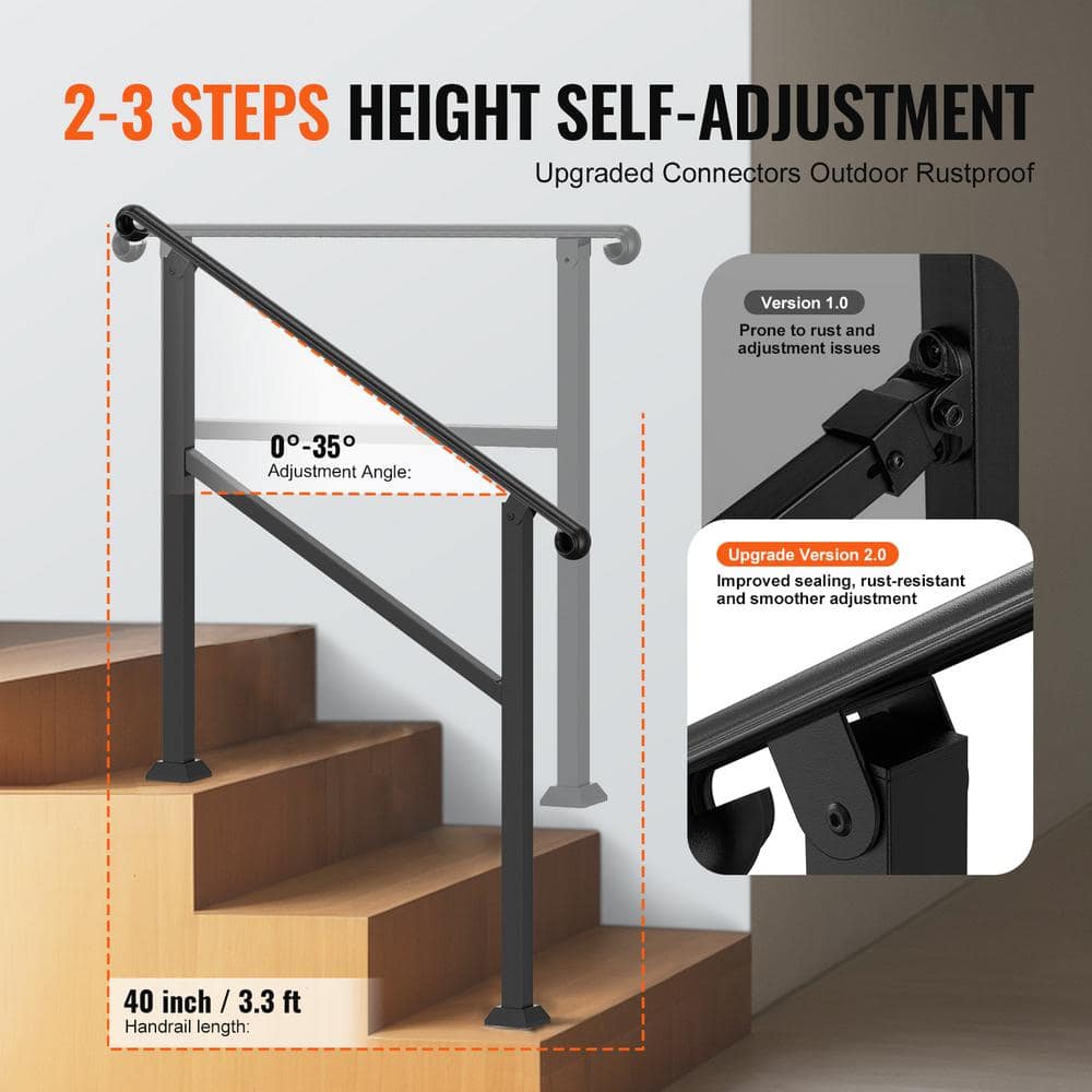 VEVOR Handrails for Outdoor Steps 2-3 Step Stair Hand Rail Indoor Railing Kit Railings for Steps Black 35.6 in. H x 3.3 in. W (3)
