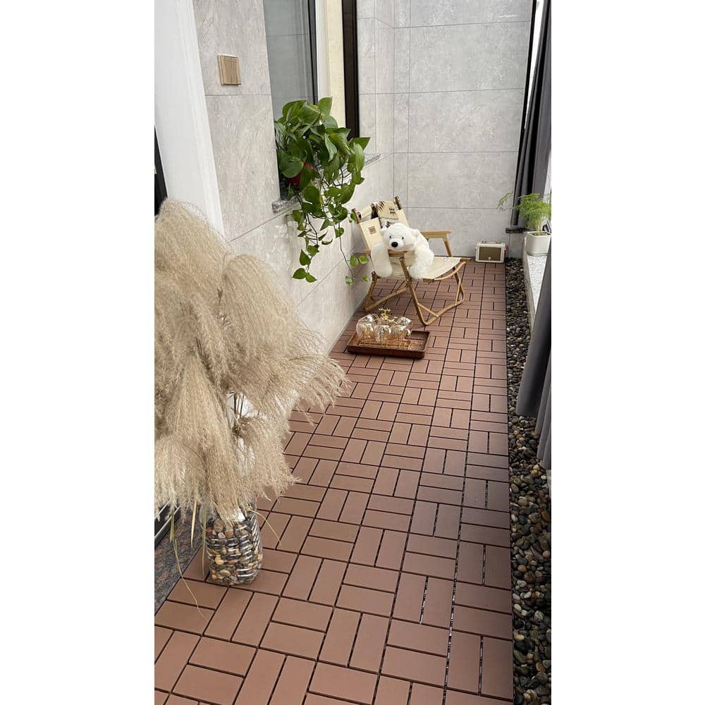 Tidoin 1 ft. x 1 ft. Plastic Deck Tile in Dark Brown for Outdoor Porch Poolside Balcony Backyard (44 Per Box) (2)