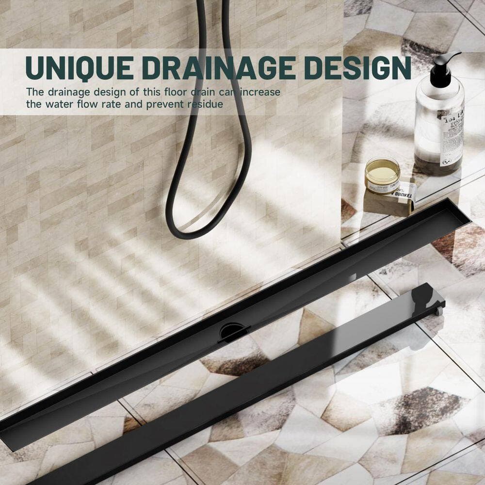HOMEMYSTIQUE 36 in. Linear Shower Drain, Square Grid Pattern 304 Stainless Steel Floor Drain w/Hair Strainer, Matte Black (3)