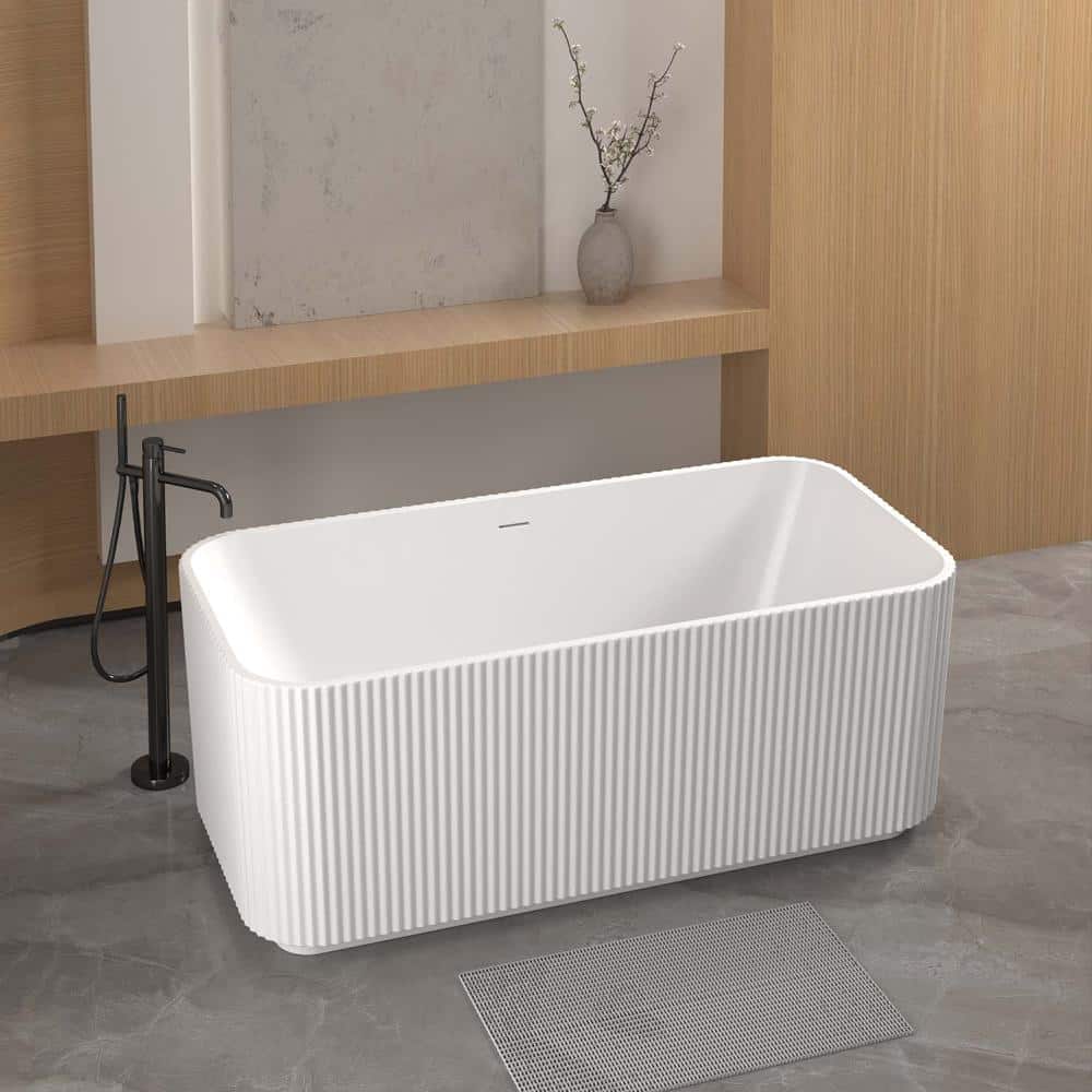 INSEEDE SORA 59 in. Rectangle Linear Spa-Like Freestanding Soaking Tub, Gloss White Acrylic with Overflow & Pop-Up Chrome Drain (2)