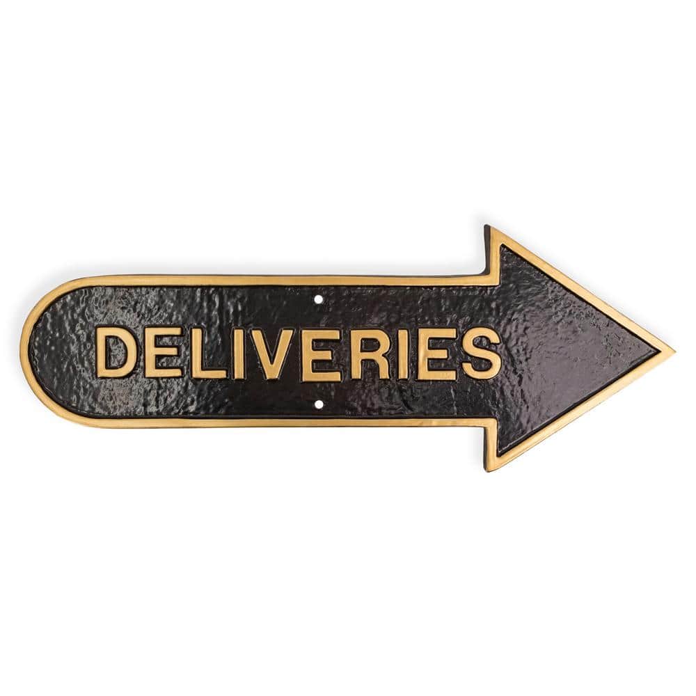 Montague Metal Products 6 in. x 15.5 in. Right Arrow Deliveries Statement Plaque Sign-Black/Gold (1)