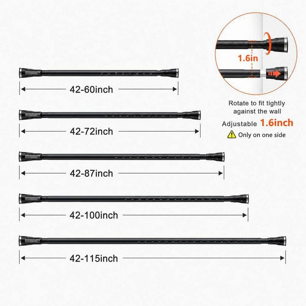 Numhew Black Stainless Steel 42 in. - 115 in. Adjustable Heavy Duty Tension Curtain Rod for Bathroom Closet Windows (3)
