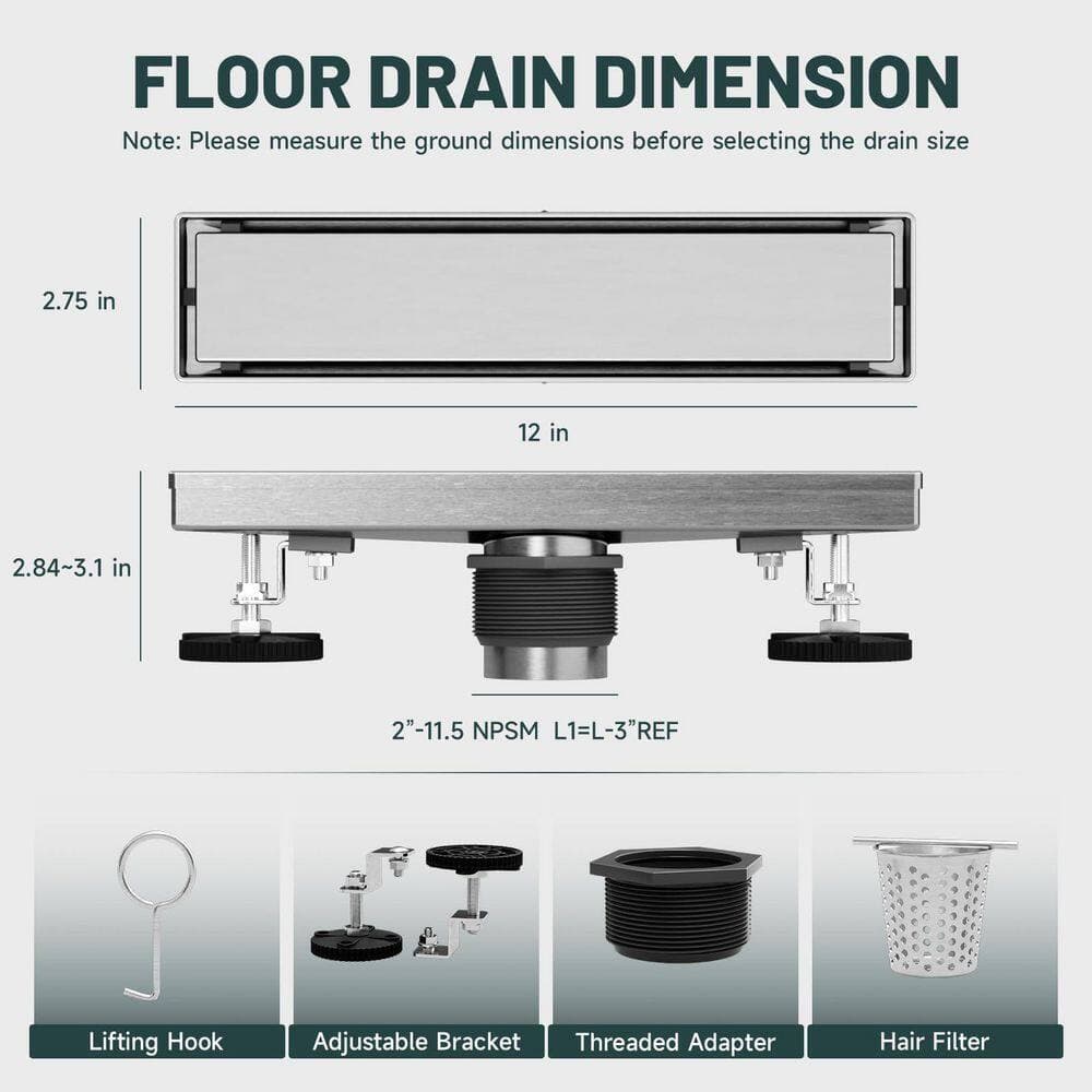 HOMEMYSTIQUE 12 in. Linear Shower Drain, Square Grid Pattern 304 Stainless Steel Floor Drain w/Hair Strainer, Brushed Nickel (2)