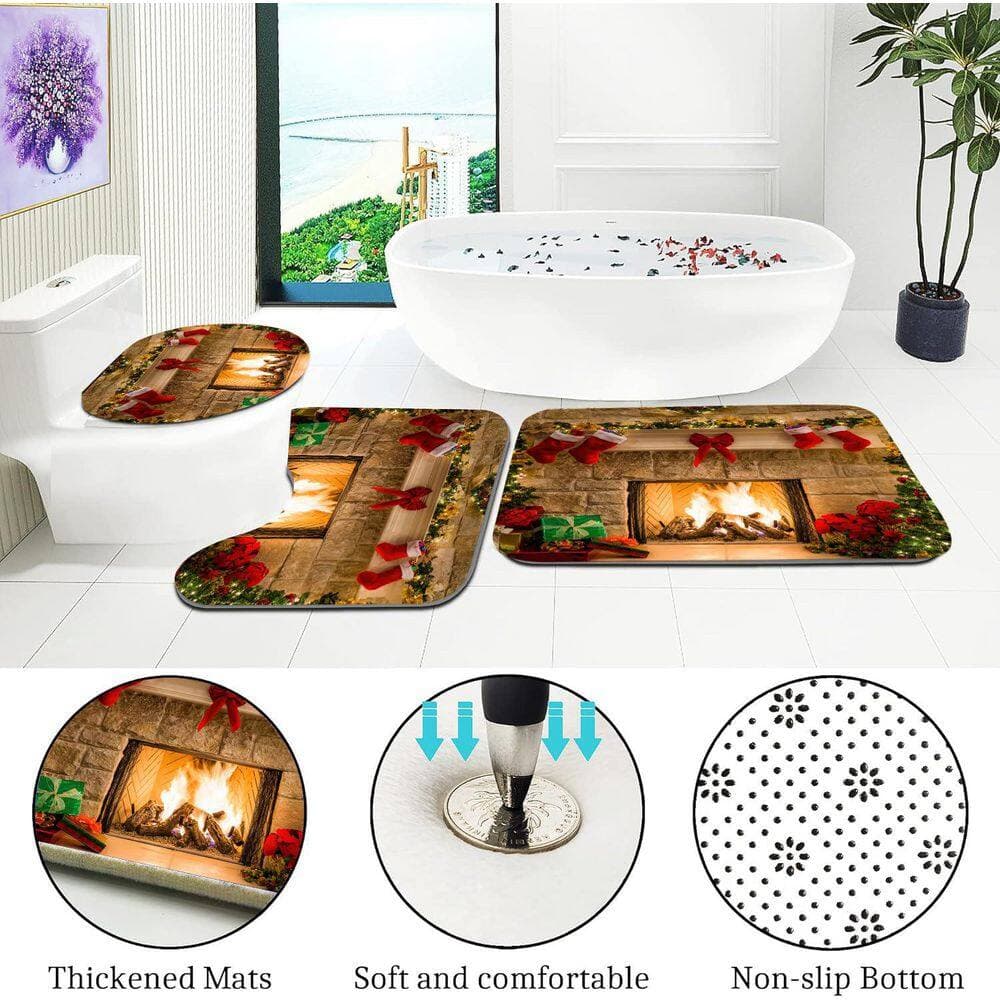 Numhew Christmas 70.8 in. W x 70.8 in. L Polyester Shower Curtain in Multi Color, Blackout Waterproof, 12 Hooks, Bath Mat Set (3)