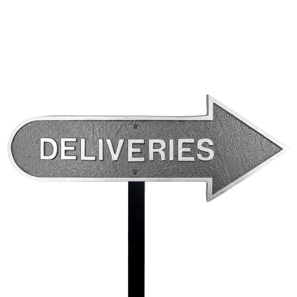 Montague Metal Products 6 in. x 15.5 in. Right Arrow Deliveries Statement Plaque Sign with Lawn Stake-Swedish Iron