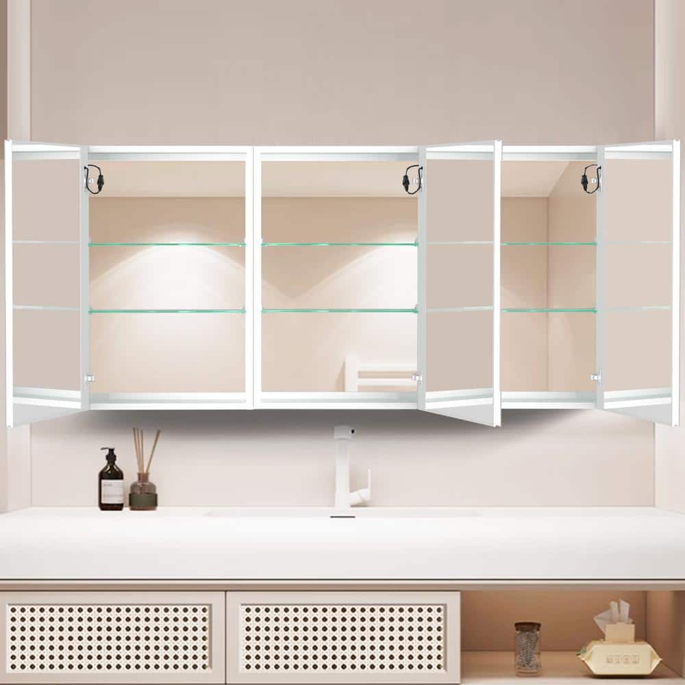 Unbranded 60 in. W x 30 in. H Frameless LED 3-Door Recessed or Surface Mount Medicine Cabinet in White Aluminum for Bathroom (2)
