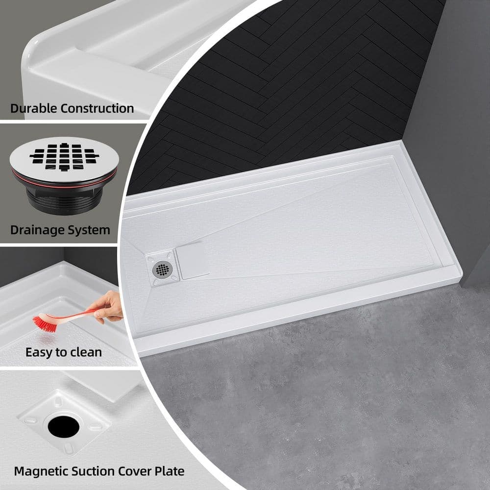 Zeafive Voe 72 in. L x 36 in. W Single Threshold Alcove Shower Pan Base with Left Drain and Cover in White Acrylic Non-Slip Tray (2)
