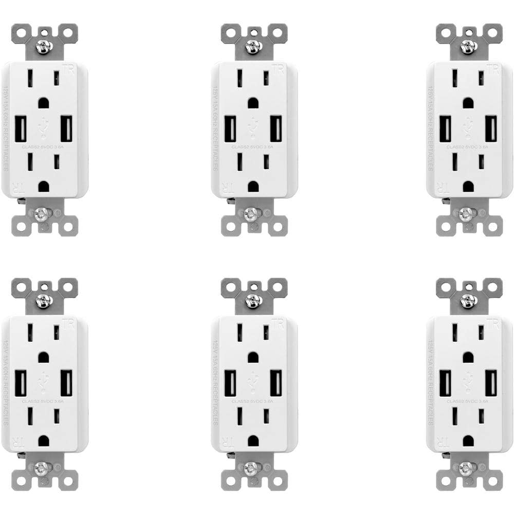 ELEGRP 3.6 Amp Dual USB Charger and 15 Amp Receptacle, White (6-Pack)