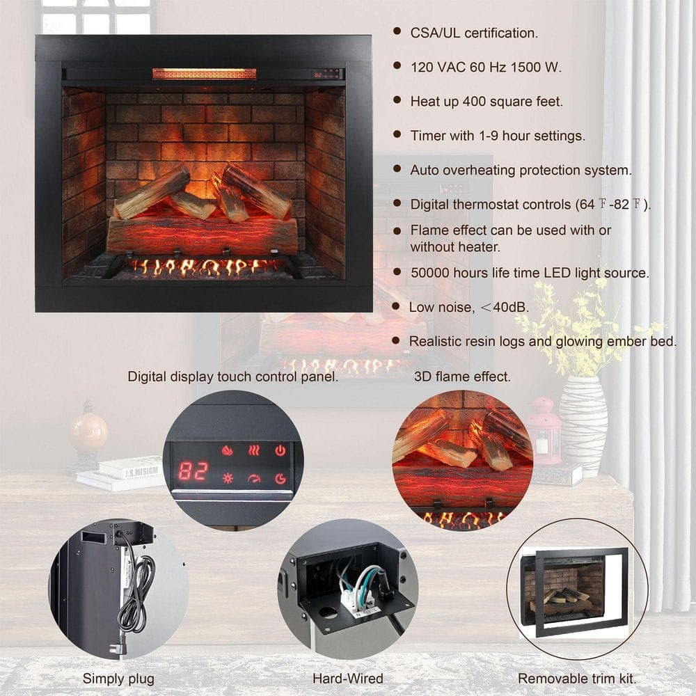 Mondawe 33 in. 5000BTU Infrared Electric Fireplace Insert with Fire Cracking Sound & Removable Trim Kit in Black (3)