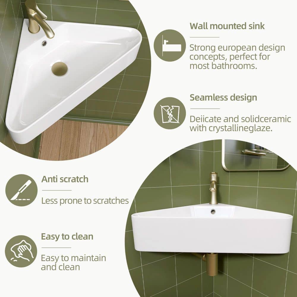 Zeafive 22.5 in. White Ceramic Corner Wall Mounted RV Bathroom Sink Modern Above Counter Bath Small Mini Sink with Overflow (2)