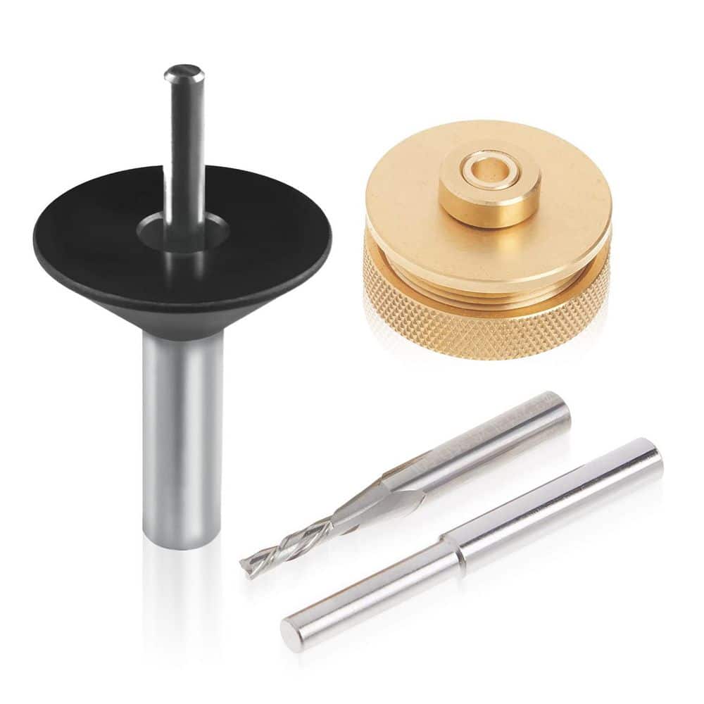 ‎POWERTEC Solid Carbide Downcut Spiral Router Bit 1/4 in. Shank w/ Router Bushing, Collar, Alignment Pin, Centering Pin & Cone Set
