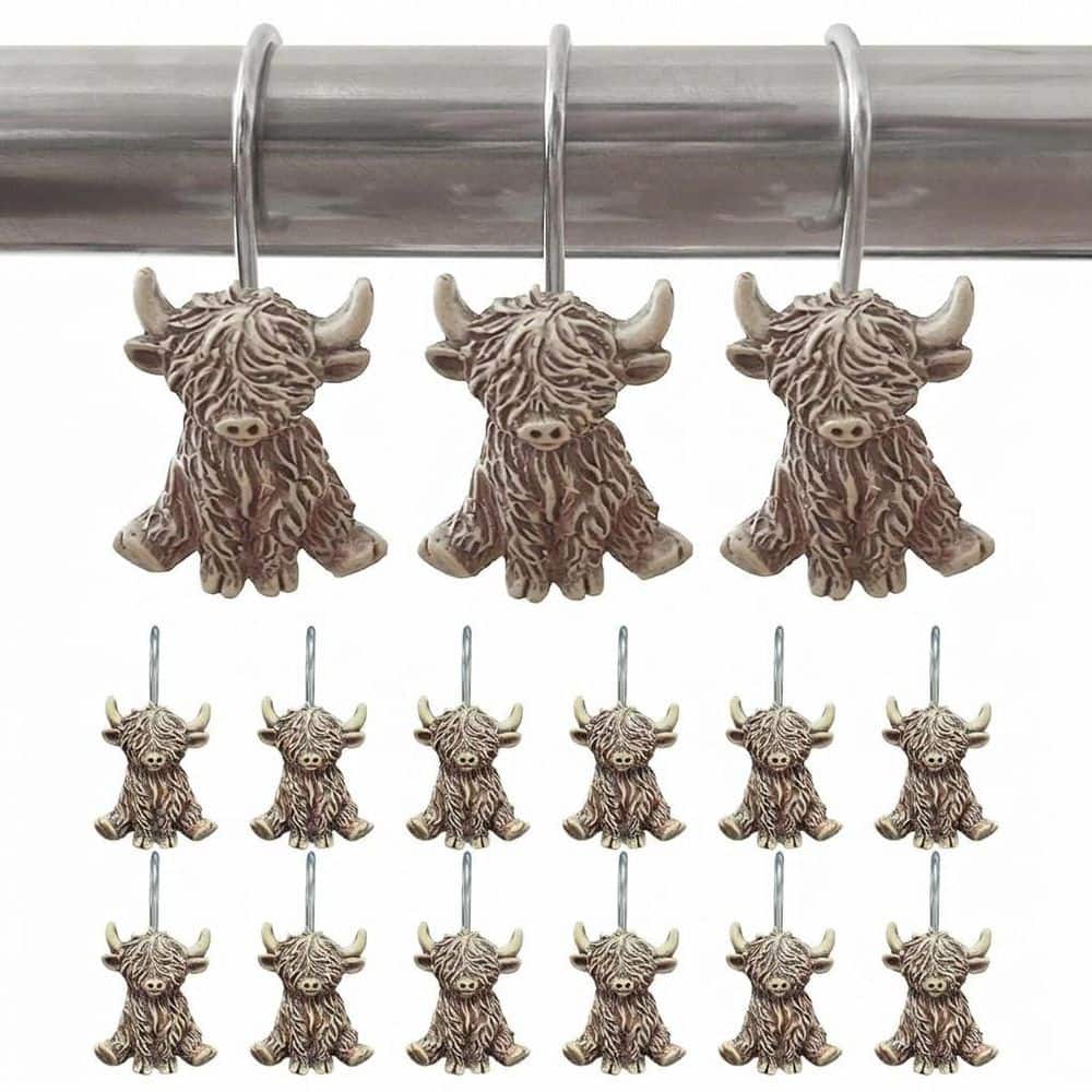 KHKFY 12 Pack Highland Cow Shower Curtain Hooks Resin and Stainless Steel Farmhouse Rings Rust Resistant Unit