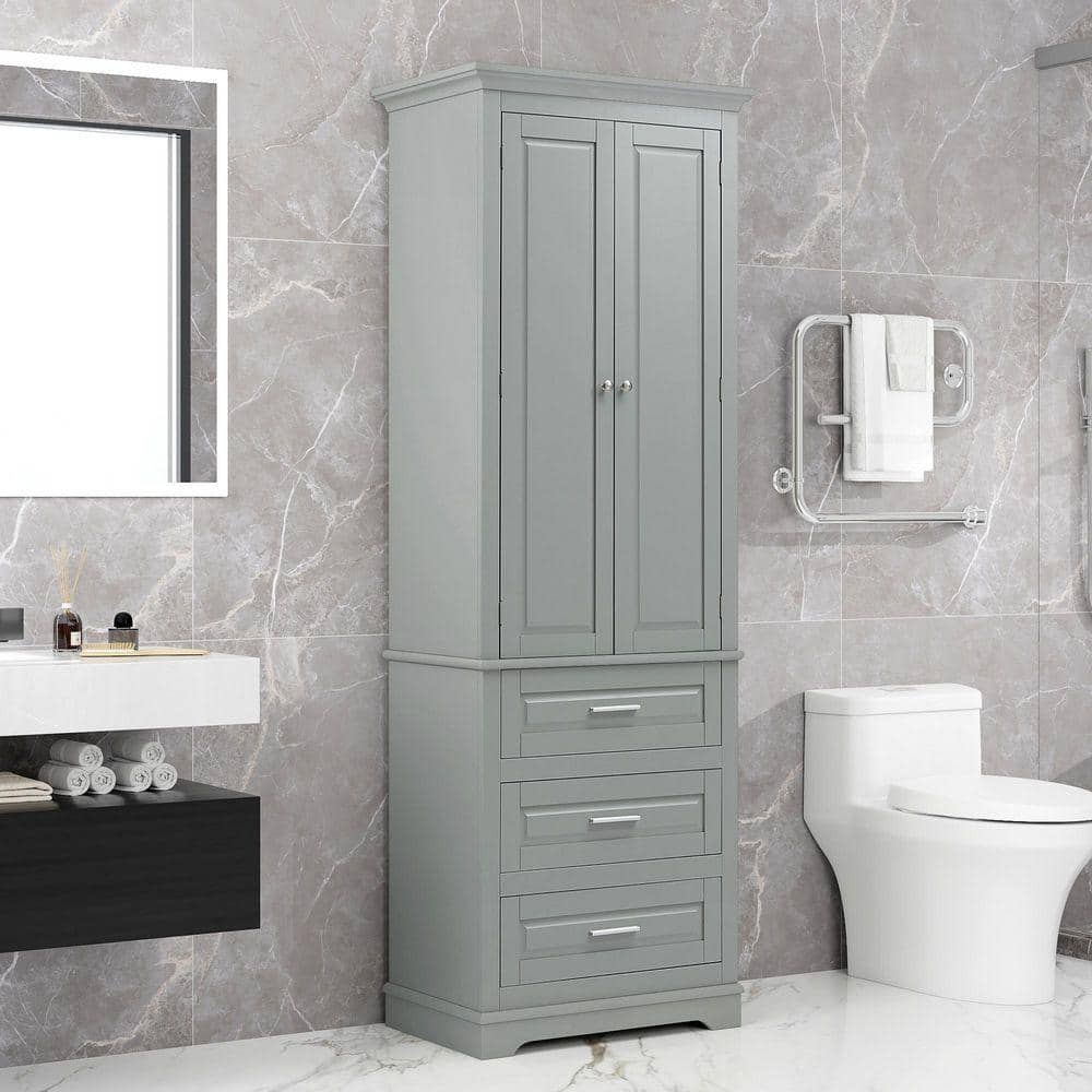 XUJMK 24 in. W x 16 in. D x 70 in. H Gray Wooden Linen Cabinet, Tall Storage Cabinet with 3-Drawers for Bathroom/Office