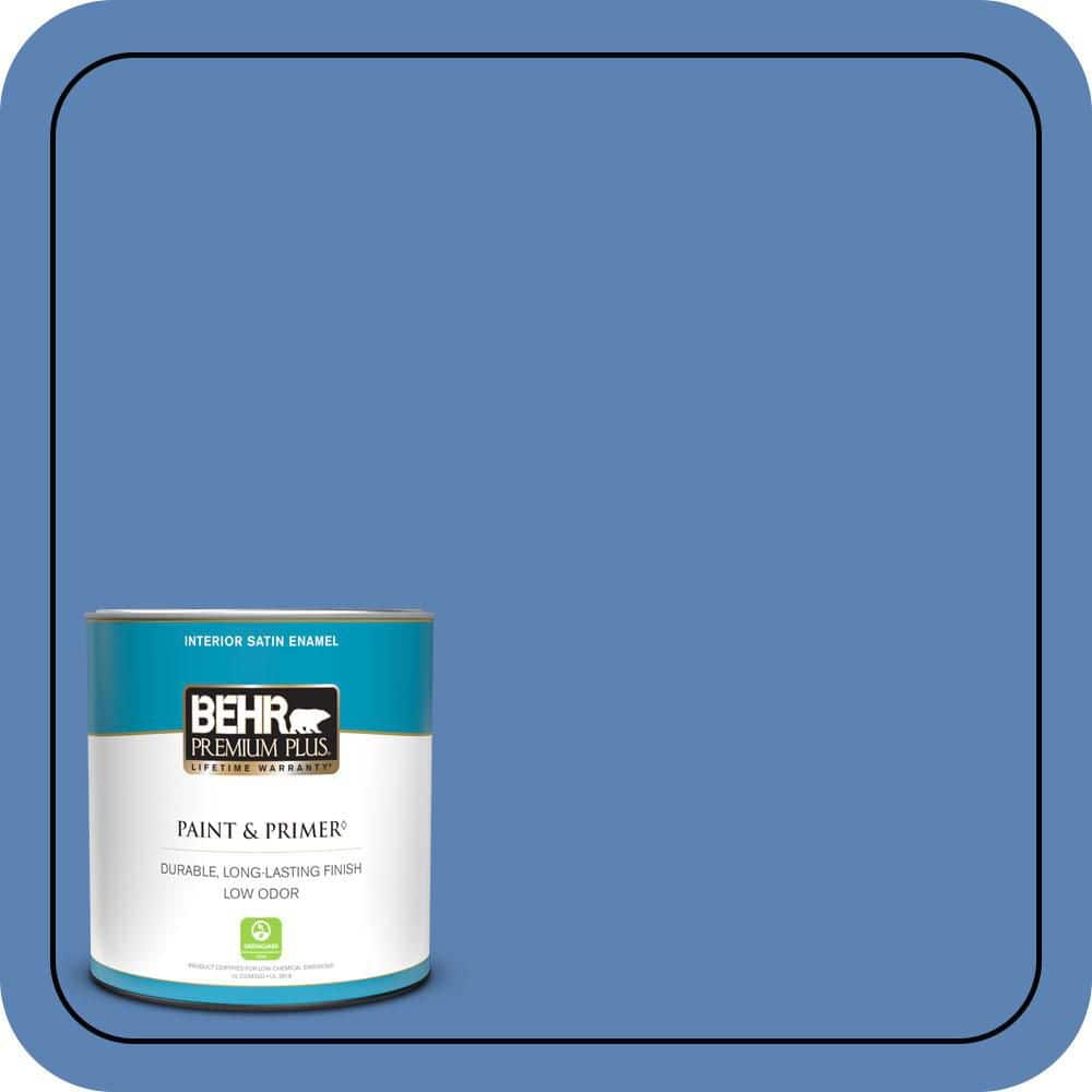 BEHR PREMIUM PLUS 1 qt. #PPU15-06 Neon Blue Satin Enamel Low Odor Interior Paint & Primer (1)