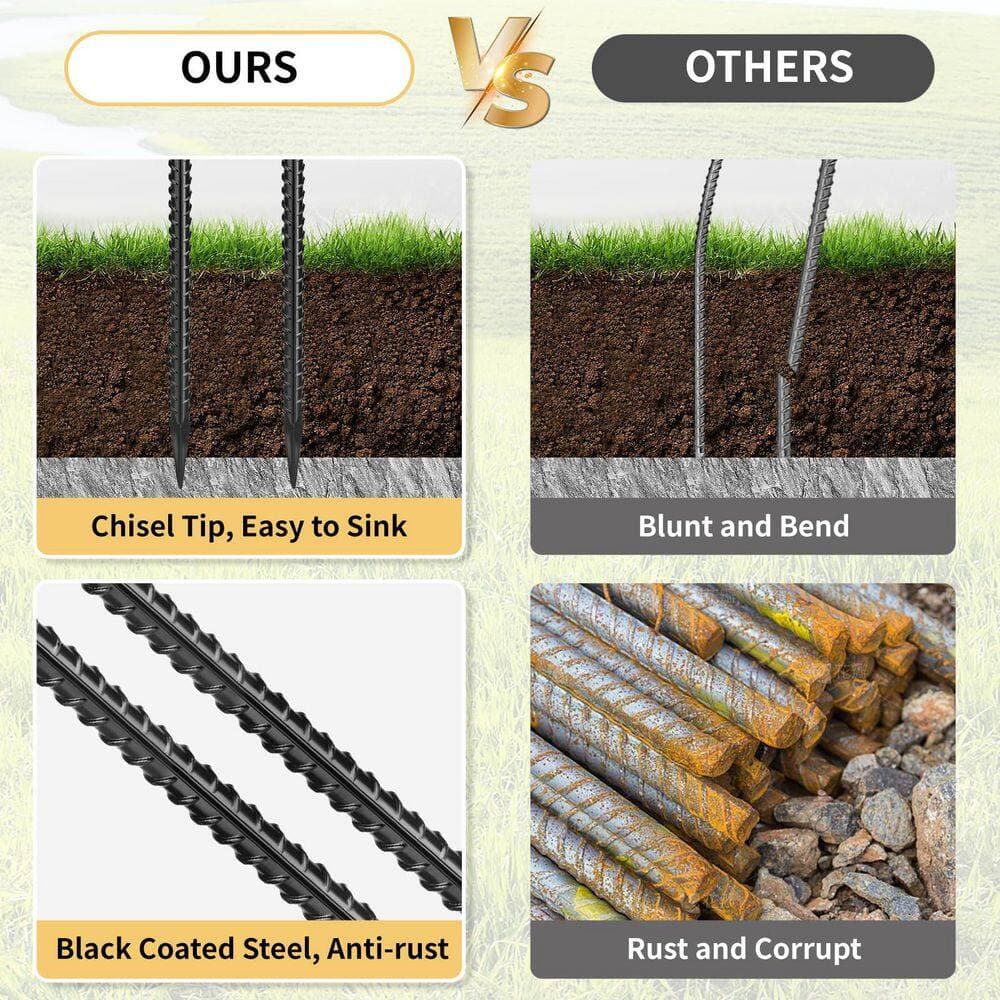xinyoec 20-Pack 1/2 in. x 2 ft. Metal Straight Rebar Stakes with Chisel Point End, Ground Anchors for Landscape, Concrete Form (3)