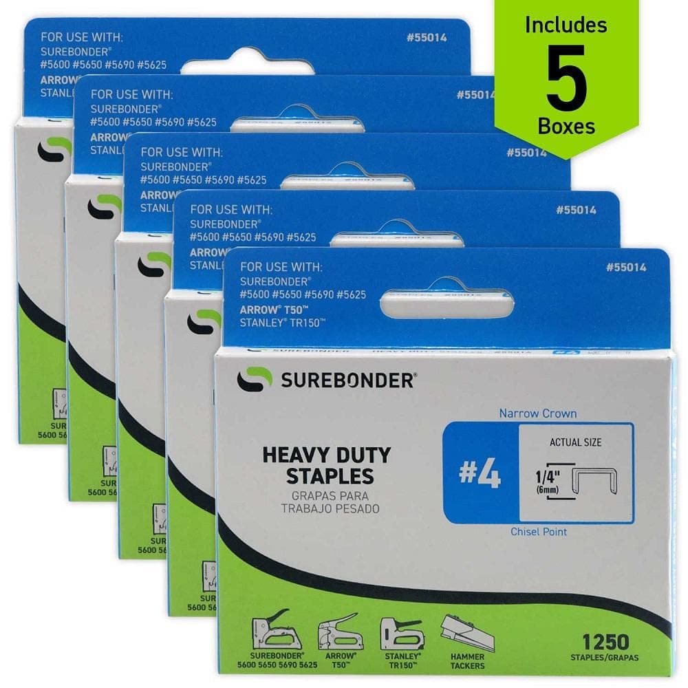 Surebonder 1/4 in. Leg x 5/16 in. Narrow Crown 18-Gauge Collated Heavy-Duty Staples (5-Pack/1250-Per Box) (2)