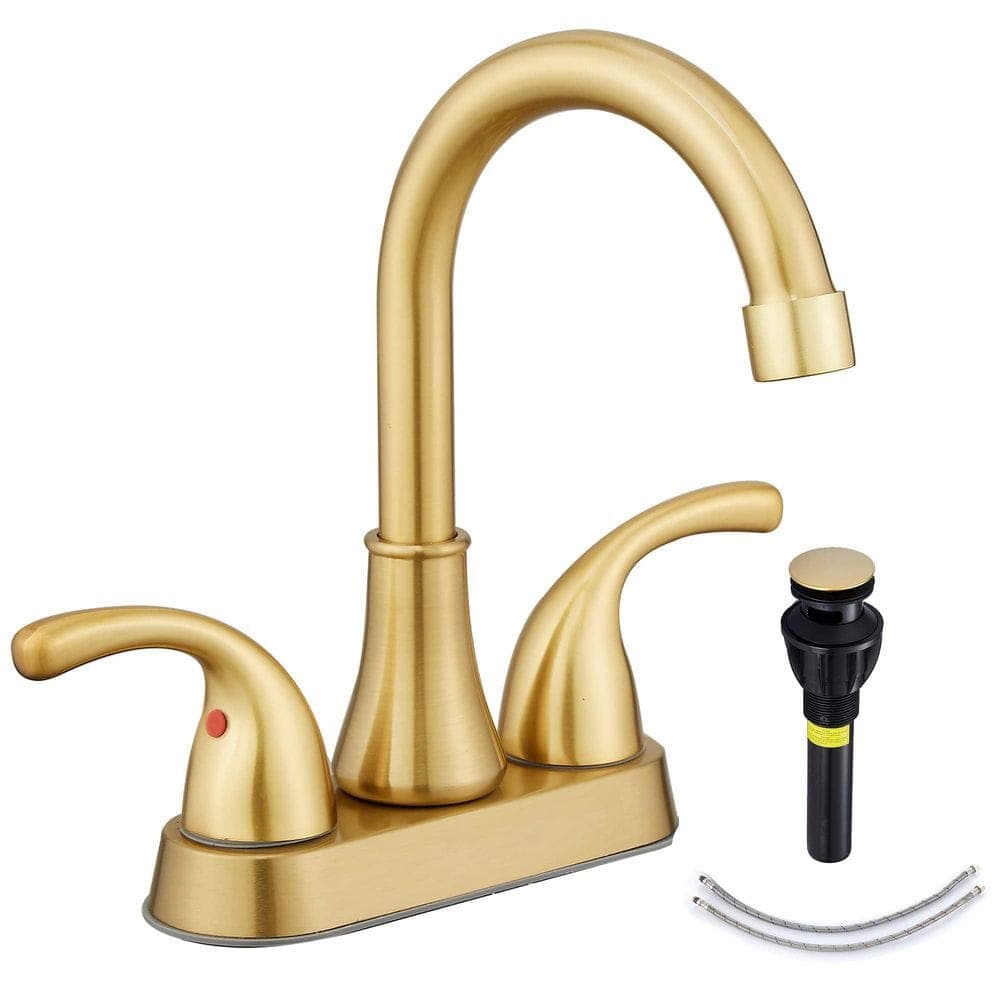 Numhew 1-Piece 4in. Three-Hole Bathroom Sink Faucet Set with Pop-Up Drain Stopper, Double-Handle in Brushed Gold (1)
