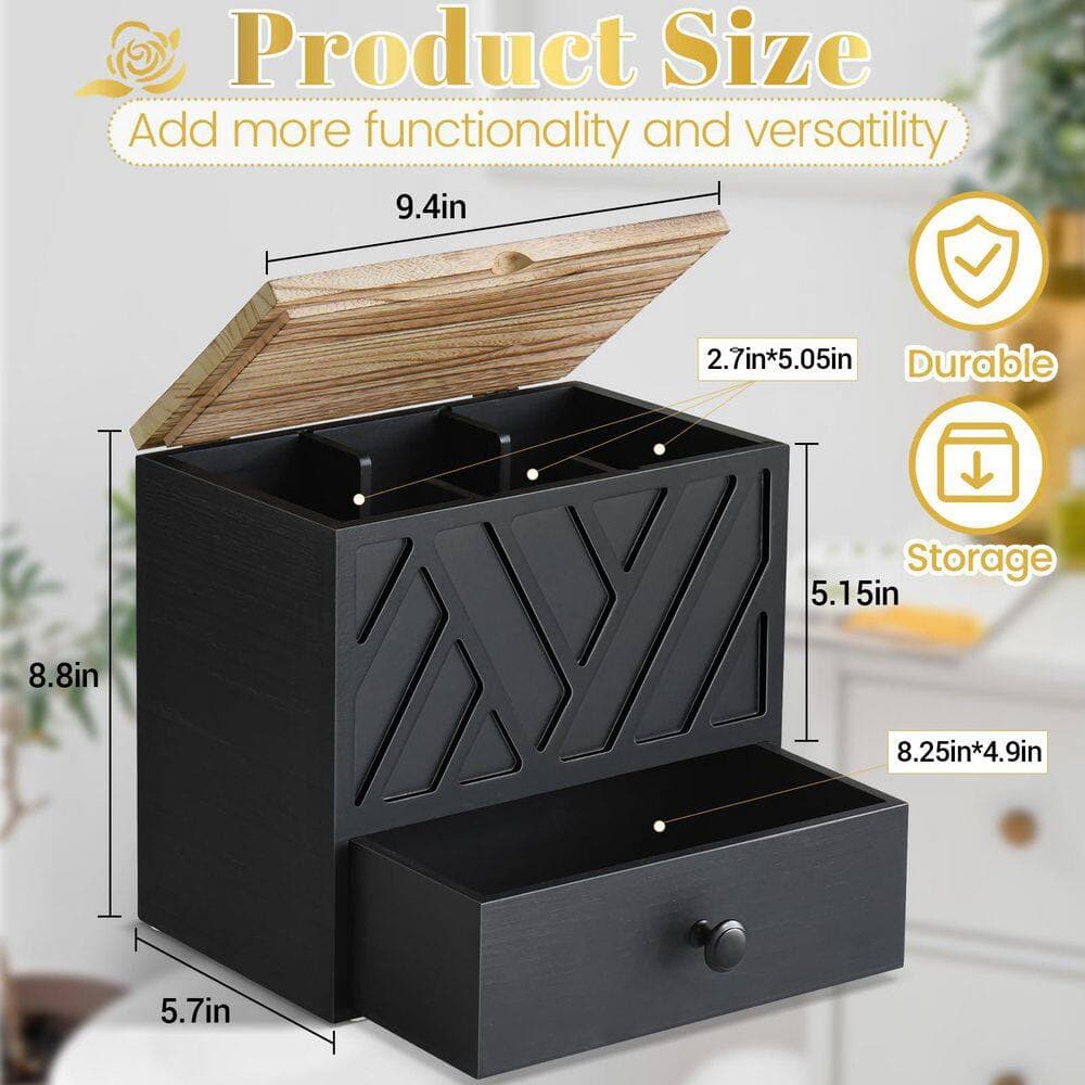 Numhew 1-Pack Wooden Tampon Holder with Lid, 3 Compartments, Detachable Partitions, Bathroom Feminine Product Organizer, Black (2)