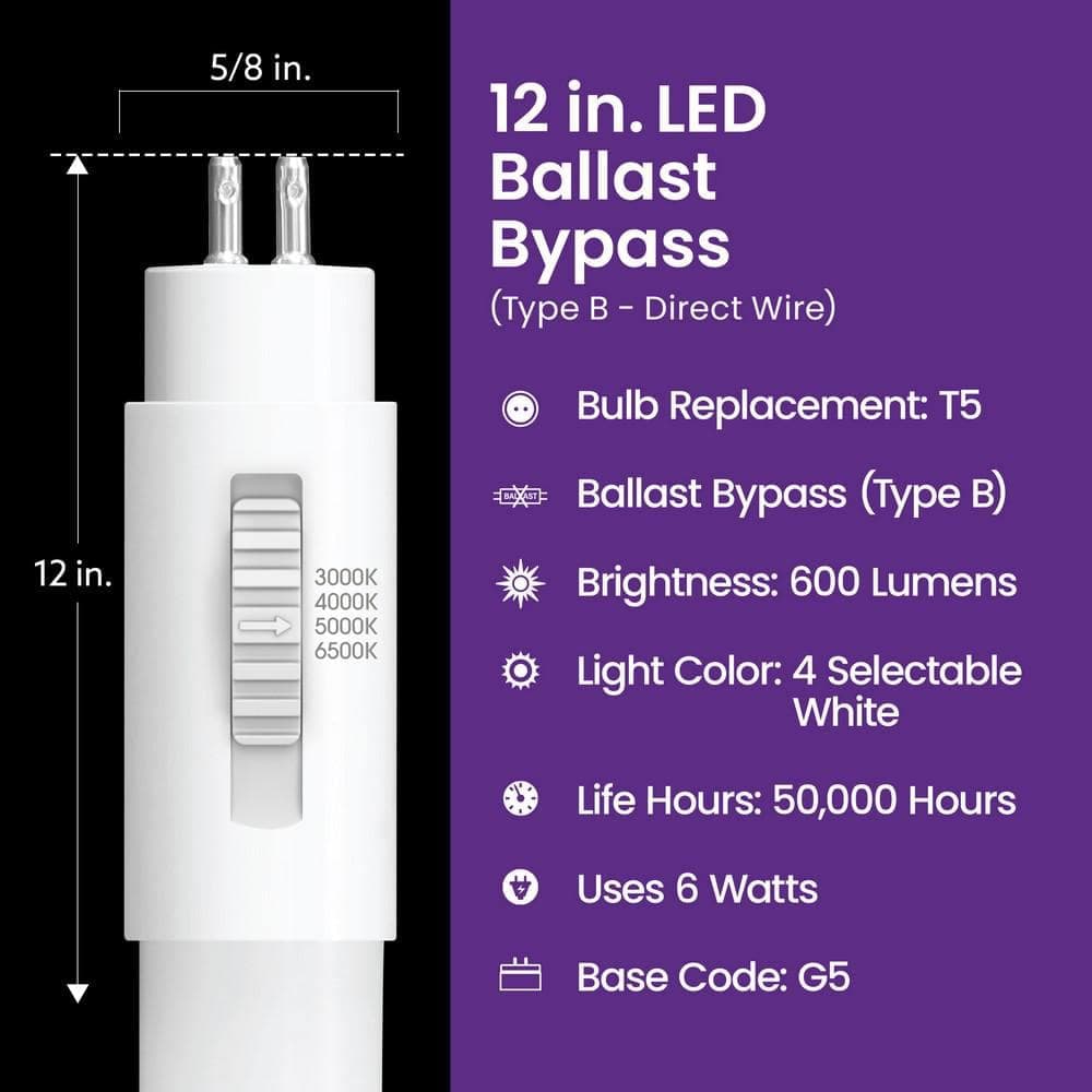 Feit Electric 6-Watt 12 in. T5 G5 B Ballast Bypass Linear LED Tube Light Bulb, Selectable White 3000K, 4000K, 5000K, 6500K (1-Pack) (3)