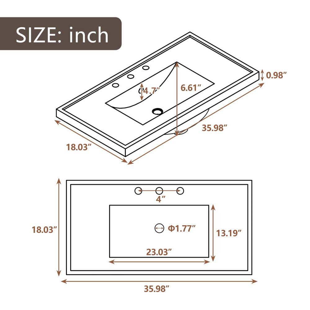 Unbranded 36 in. W x 18.03 in. D x 6.61 in. H Freestanding Bath Vanity Bathroom Sink in White with White Ceramic Top (2)