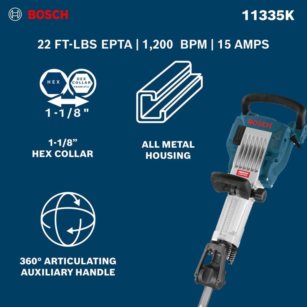 Bosch 15 Amp 1-1/8 in. Corded Concrete Electric Hex Breaker Hammer Kit with Hard Carrying Case with Wheels (2)