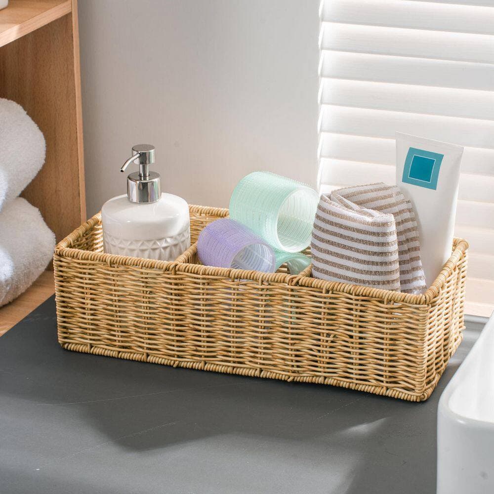Numhew 1-Pack Resin Woven Storage Basket with Dividers, Bathroom Trays With 3-Compartments , Metal Support Wires in Tan Color (3)