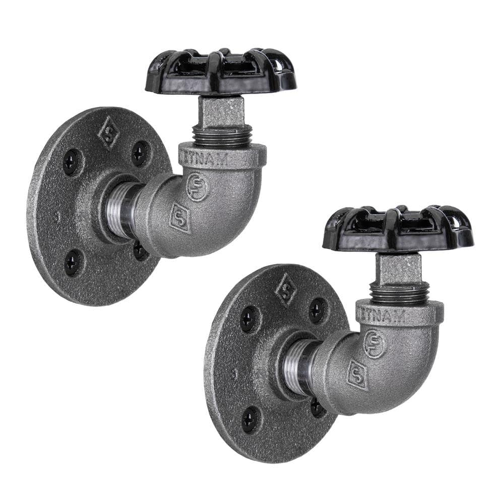 PIPE DECOR 1/2 in. Black Malleable Iron Flange with 90-Degree Elbow and Black Spigot Wall Hook (2-Pack) (1)