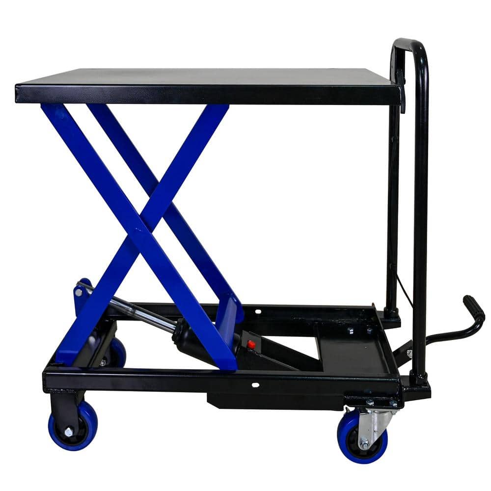maocao hoom Hydraulic Lift Trolley, 500 LBS Capacity, with 4 Wheels, for Material Handling and Transportation, BLACK+BLUE (1)