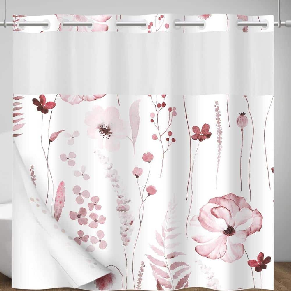 Unbranded Floral No-Hook Shower Curtain with Snap-In Liner,Burgundy (1)