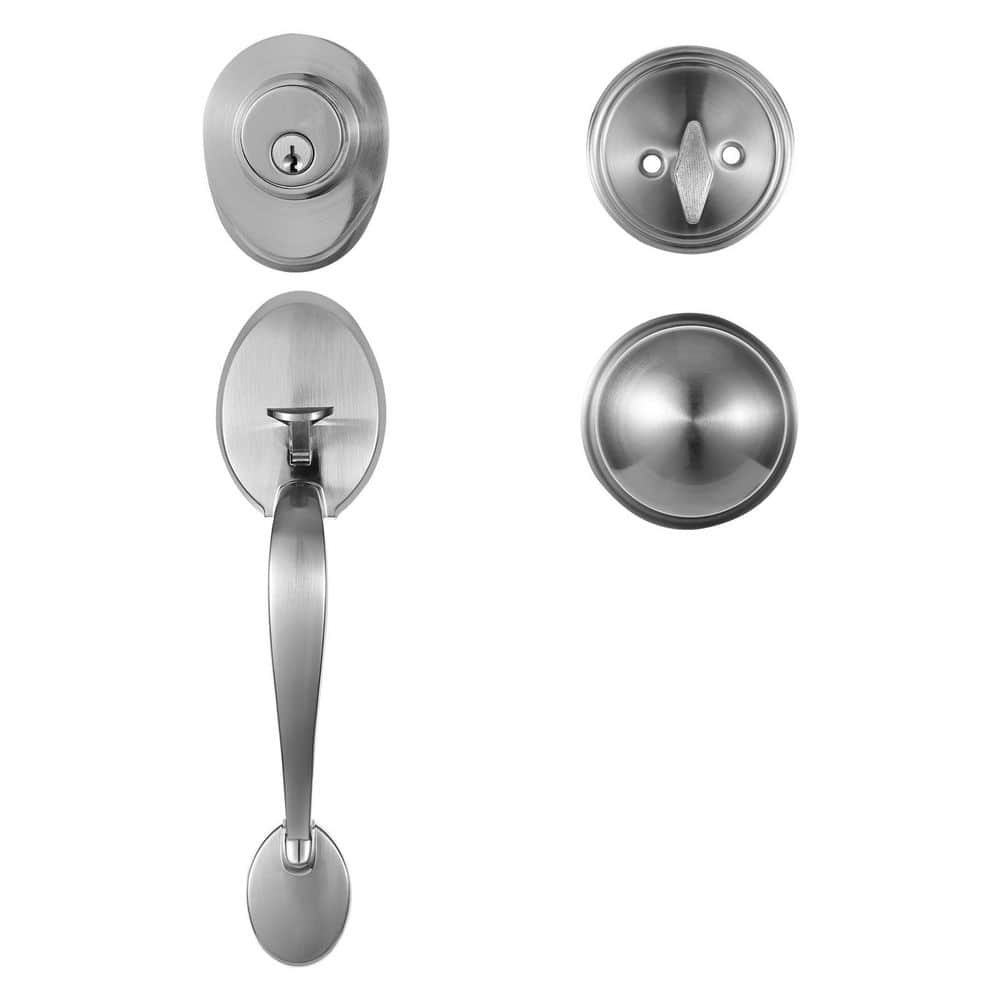 SKYSHALO Satin Nickel Front Door Handle and Deadbolt Set w/ Interior Knob, Adjustable Hole Spacing Single Cylinder Door Handleset (1)
