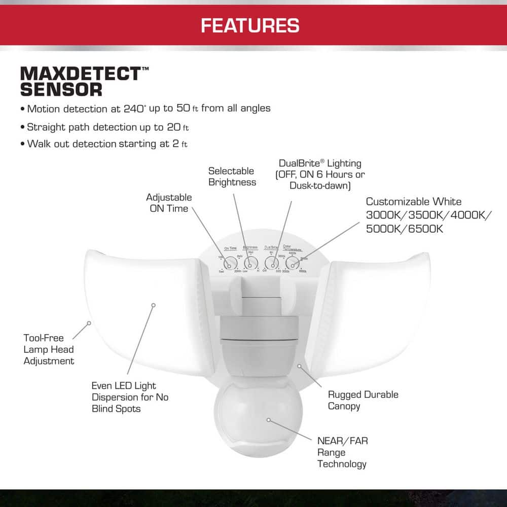 Defiant MaxDetect 240° White Motion Sensing Wired Outdoor 2-Head LED Security Flood Light 2000 Lumens with 5CCT and DualBrite (4)