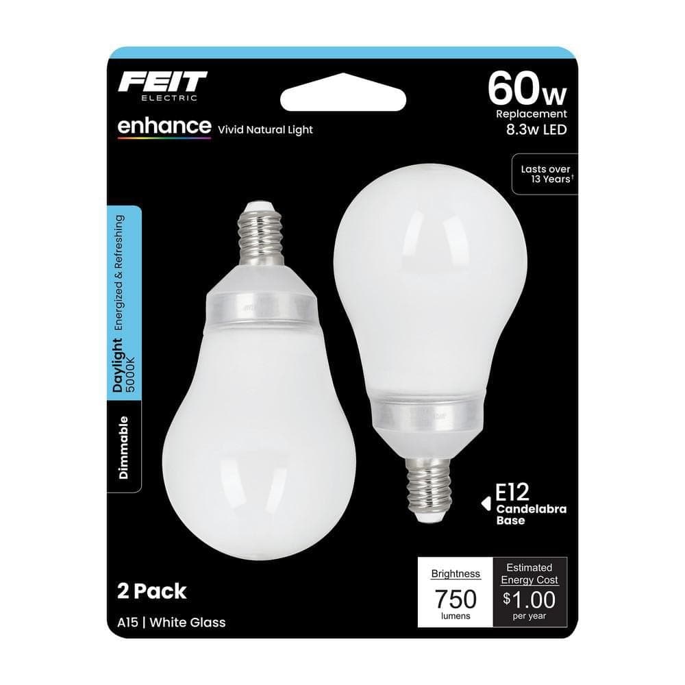Feit Electric 60W Equivalent A15 Dimmable CEC Title 20 90+ CRI White Glass Ceiling Fan E12 Candelabra LED Light Bulb, Daylight(2-Pack) (4)