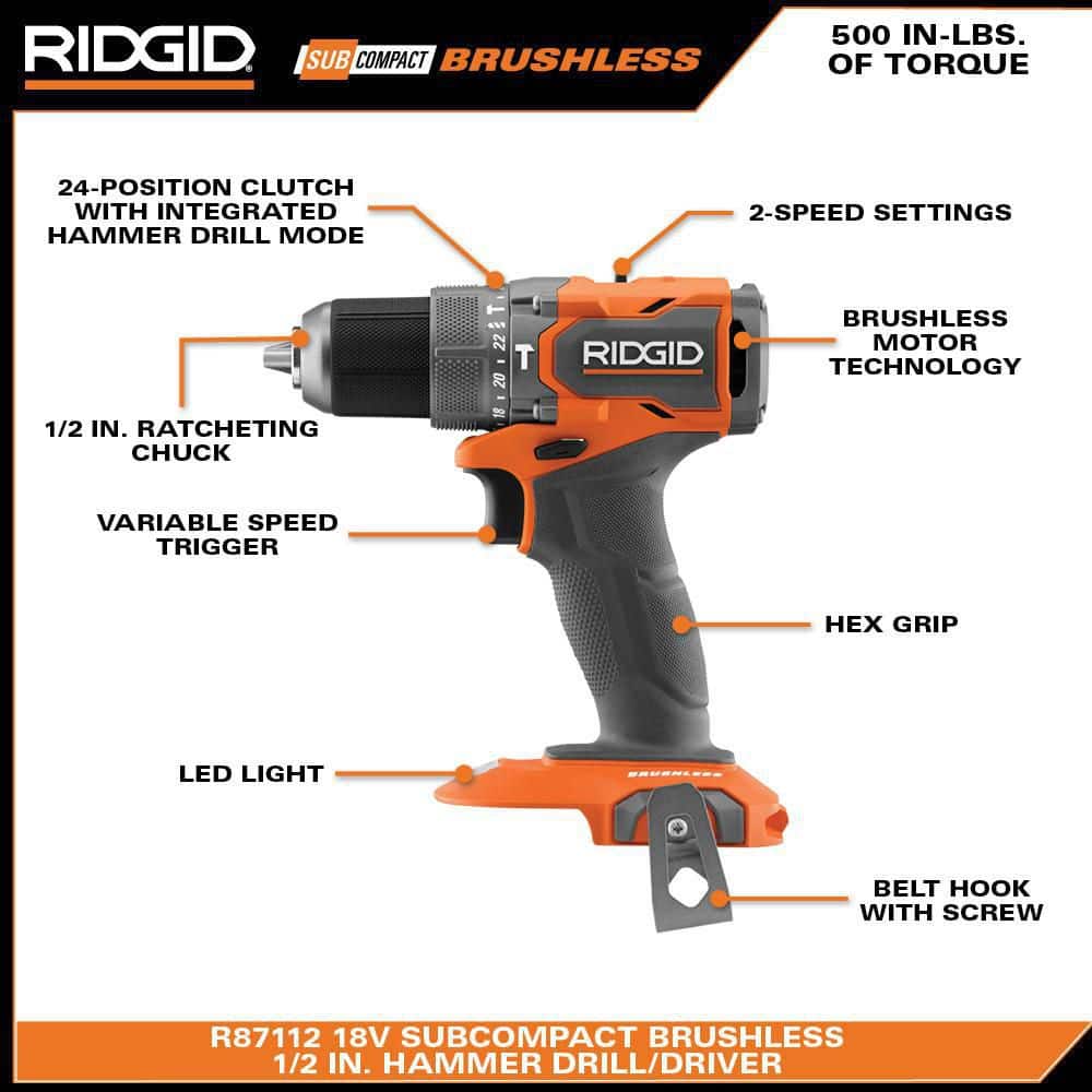 RIDGID 18V SubCompact Brushless Cordless 1/2 in. Hammer Drill Kit with (2) 2.0 Ah Batteries, Charger, and Bag (3)