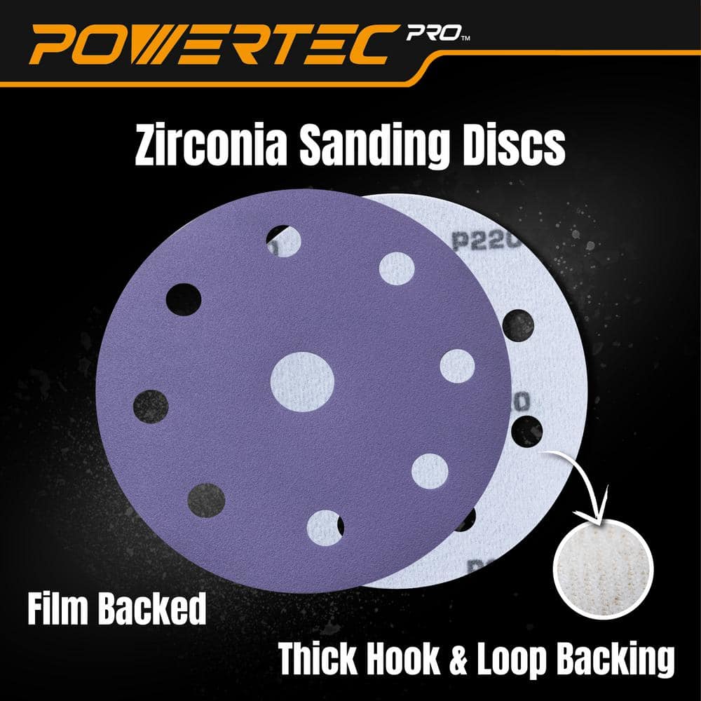 ‎POWERTEC 5 in. 80/120/220 Grit Zirconia Assorted Hook and Loop (45PK) for Orbital Sanders with Abrasive Cleaning Stick (3)
