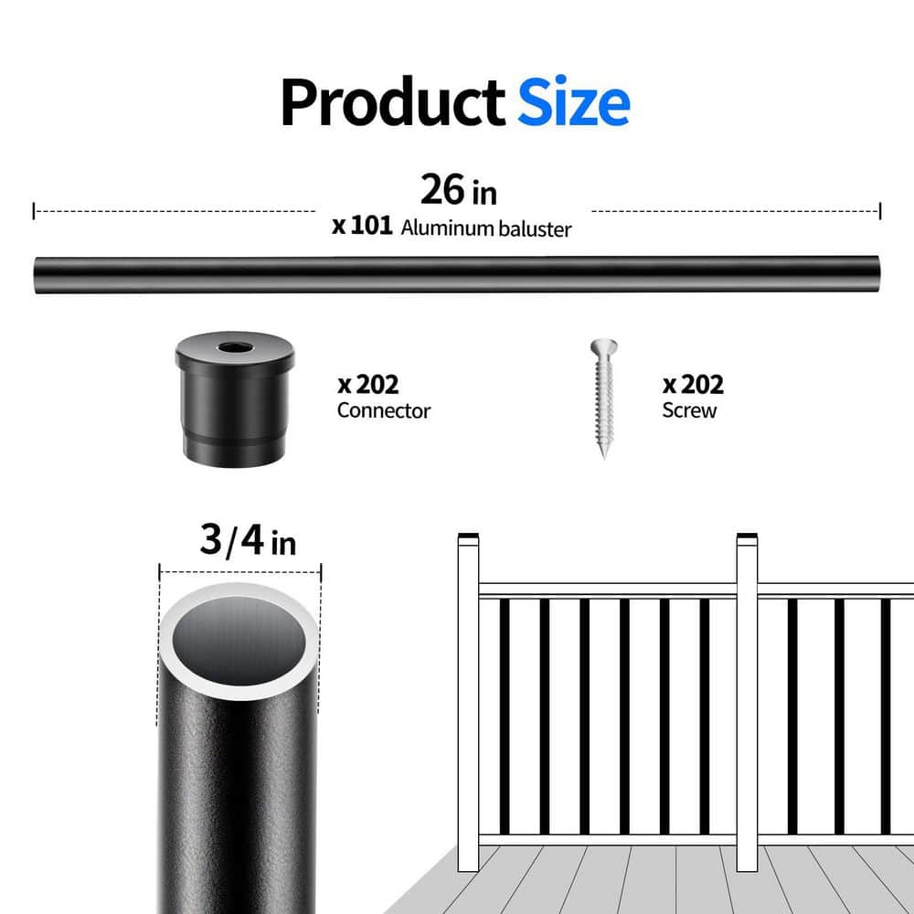 Afoxsos 26 x 3/4 Aluminum Round Deck Balusters Black Indoor Outdoor Stair Porch Spindles 101-Pack (2)