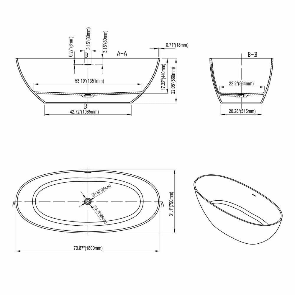 LIVACA 70.87 in. x 31.10 in. Soaking Solid Surface Freestanding Bathtub with Center Drain in Matte White (2)