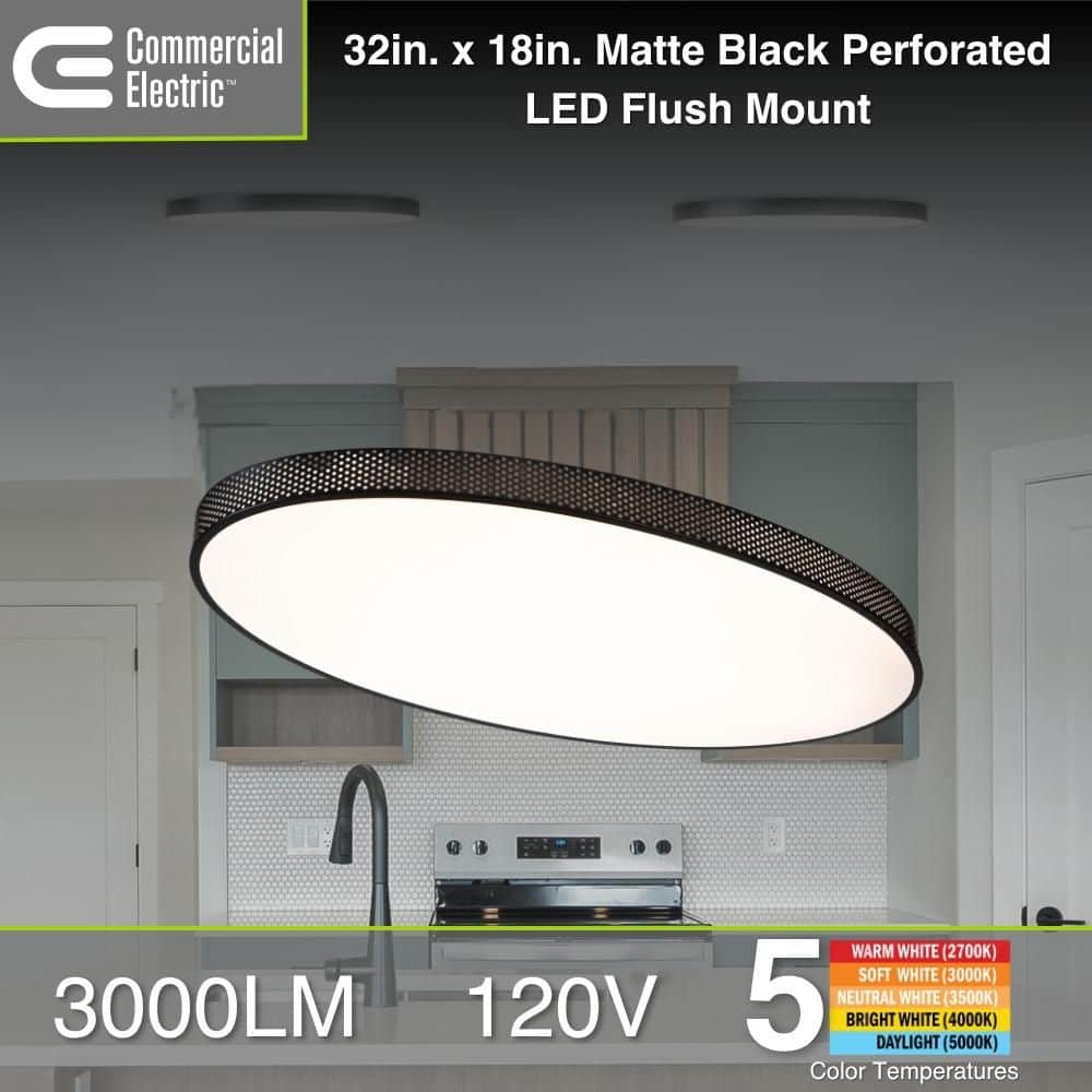 Commercial Electric 32 in. x 18 in. Matte Black Perforated Designed Oval LED Flush Mount Ceiling Light 2700K 3000K 3500K 4000K 5000K 3500LM (4)
