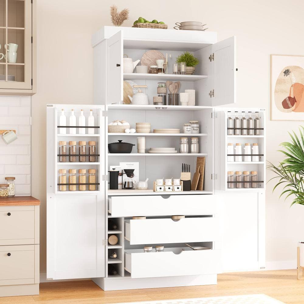 XUJMK 35 in. W x 18 in. D x 77 in. H White Linen Cabinet, Storage Cabinet, Kitchen Pantry with Adjustable Shelves, Wine Racks (3)