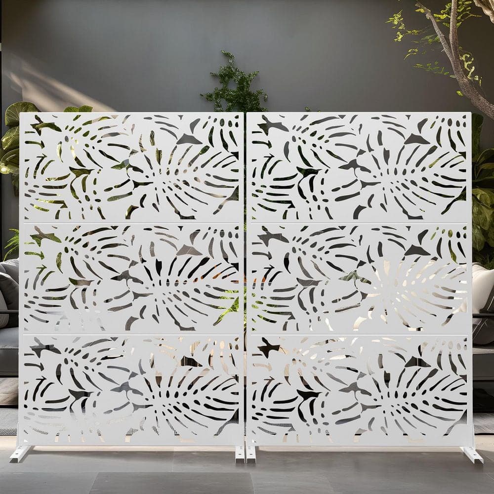 PexFix 6 ft. x 4 ft. Privacy Fence Screen White Galvanized Metal for Garden Fence in Floral Pattern (2)